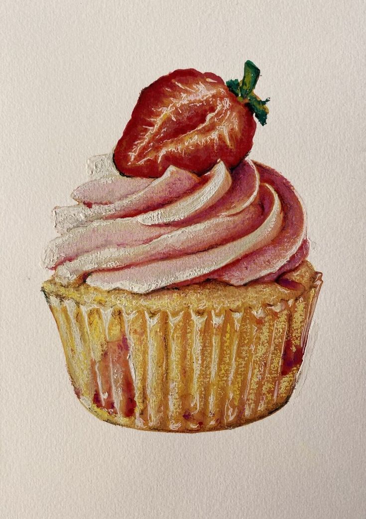 a painting of a cupcake with frosting and a strawberry on top