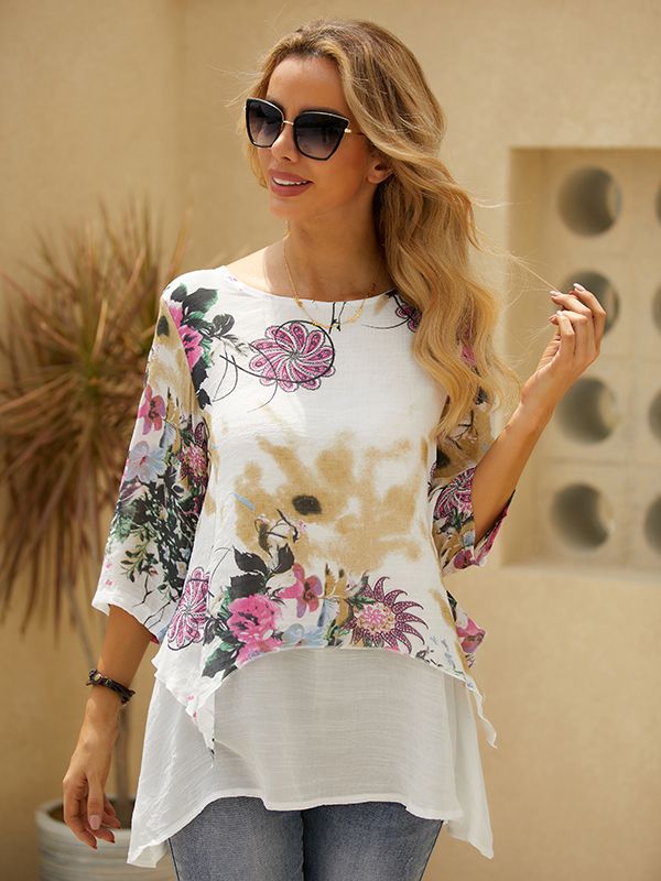 Off White Round Neck Floral Print Casual Half Sleeve Blouse Spring Bohemian Crew Neck Blouse, Fall Crew Neck Blouse For Beach, Half Sleeve Floral Print Tops For Vacation, Floral Print Half Sleeve Tops For Vacation, Vacation Floral Print Half Sleeve Tops, Half Sleeve Tops With Floral Print For Beach, Summer Floral Print Crew Neck Blouse, Multicolor Half Sleeve Blouse For Summer, Spring Crew Neck Blouse For Beach