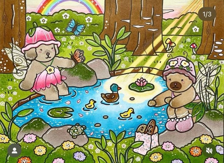 two teddy bears are playing in the pond with ducks and butterflies on it, while another bear is standing nearby