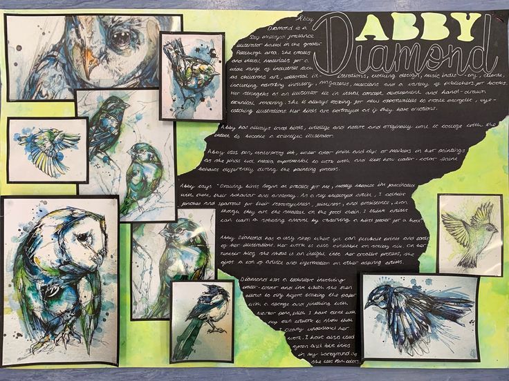 an art project is displayed on the wall with pictures of birds and words written in black ink