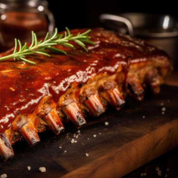 the ribs are covered with sauce and garnish