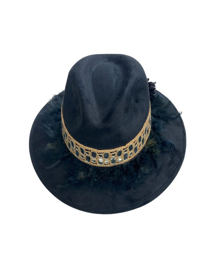 Black Artisan Hat - Beautiful handmade hat - This unique black suede hat is the perfect statement piece for your #OOTD, for any occasion, any season! It features a gorgeous band with mirrors, feathers and pom pom details on the back. This is the perfect hat for a girl who loves to stand out. Details & Fit - One size fits all Adjustable Evening Hat With Feather Trim, Elegant Adjustable Mini Hats For Festival, Bohemian Style Adjustable Hats For Party, Black Party Hat With Feather Trim, Adjustable Bohemian Party Hat, Black Brimmed Hat With Feather Trim, Bohemian Handmade Mini Hats For Parties, Chic Evening Hats With Feather Trim, Handmade Bohemian Mini Hats For Party