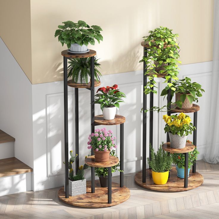 three tiered plant stands with potted plants on them