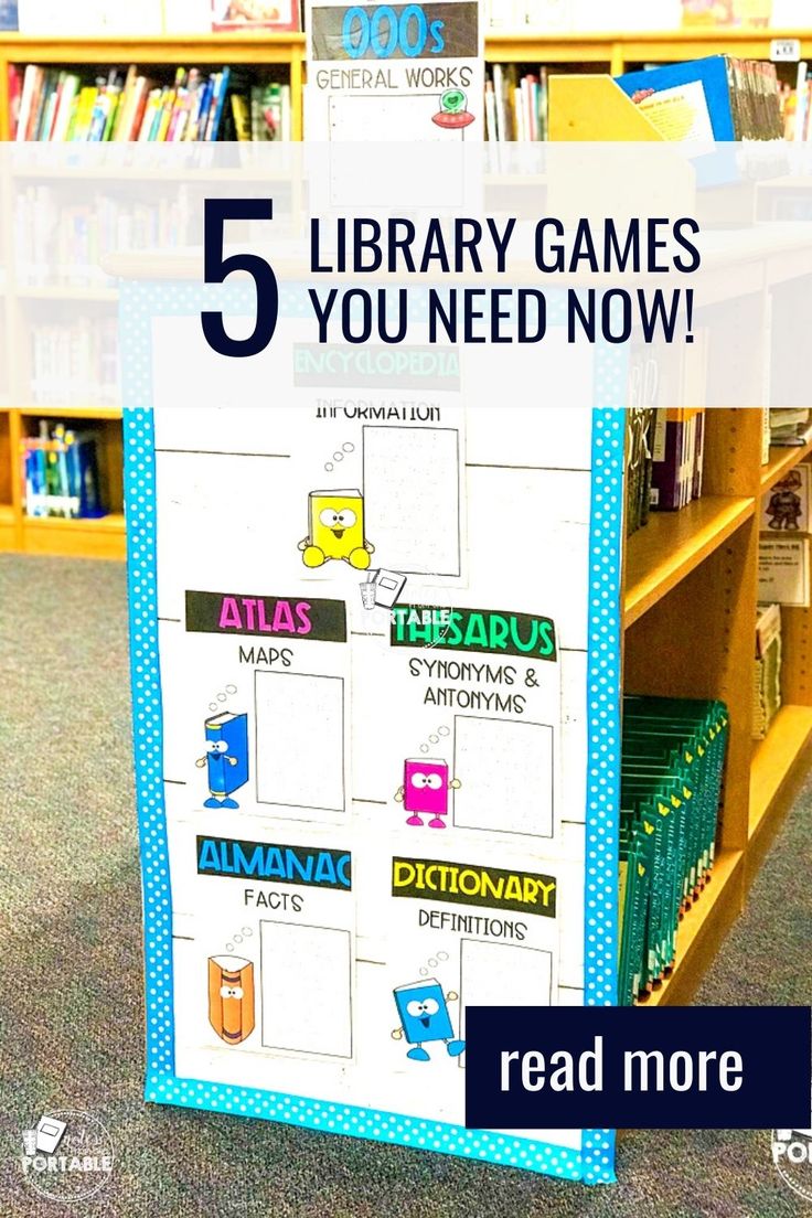 a poster with the words 5 library games you need now on it in front of bookshelves