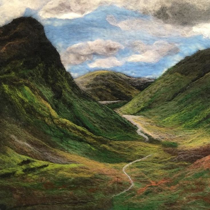 a painting of mountains with a road going through them