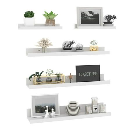 three white shelves with plants and pictures on them, one has a sign that says together