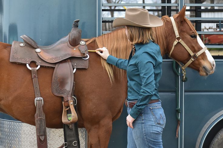 a woman standing next to a brown horse in front of a blue truck with a saddle on it's back