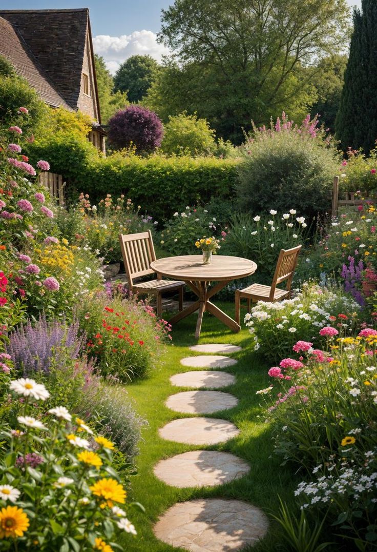 a garden with flowers and a wooden table in the middle, surrounded by stepping stones