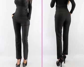 High Waist Warm Trousers Double Breasted Corset Type Pants - Etsy Fitted Full-length Dress Pants For Winter, Fitted Straight Dress Pants For Winter, Fitted Black Dress Pants For Winter, Winter Stretch Dress Trousers, Fitted Elastane Bottoms For Winter, Fitted Winter Bottoms With Pockets, Winter Stretch Full Length Dress Pants, Winter Formal Stretch Bottoms, Fitted High-waist Bottoms For Office