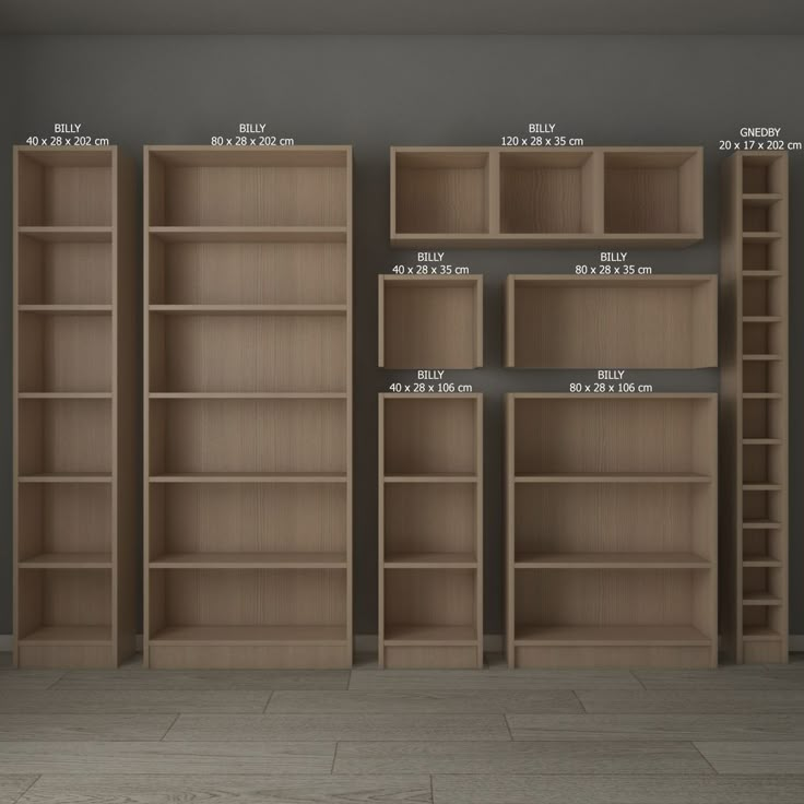 the shelves are labeled with measurements for each shelf in this room, and there is also an additional bookcase