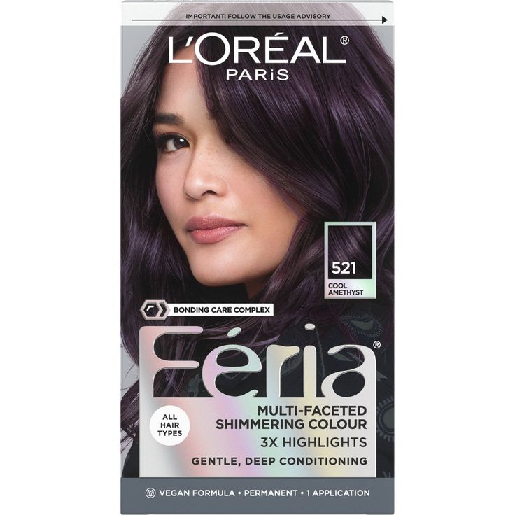 With L'Oreal Feria permanent hair color, what you see is the shimmer. Multi-Faceted shimmering color with 3X highlights delivers intensified, brilliant results. Inspired by fashion, Feria offers a twist on the traditional and gives edgy hair color - from bright red, platinum blonde, rose gold, metallic brown, to blue black hair color, these hair dye kits will transform your hair. Feria's prismatic color spectrum is custom-blended by L'Oreal master colorists for bold, head-turning shades – no app Amethyst Hair Color, Loreal Paris Feria, Feria Hair Color, Amethyst Hair, Deep Black Hair, Silver Hair Dye, Blue Black Hair Color, Vegan Hair Dye, Edgy Hair Color