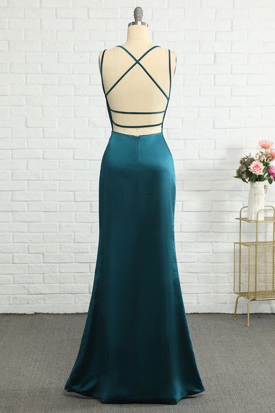 Backless Satin Dress For Prom Evening, Maxi Length Satin Dress With Back Opening For Prom, Maxi Satin Dress With Back Opening For Prom, Fitted Satin Backless Long Dress, Fitted Long Satin Backless Dress, Backless Satin Bridesmaid Dress For Prom Season, Backless Satin Bridesmaid Dress For Party, Satin Backless Maxi Dress With Sweep Train, Fitted Floor-length Satin Backless Dress