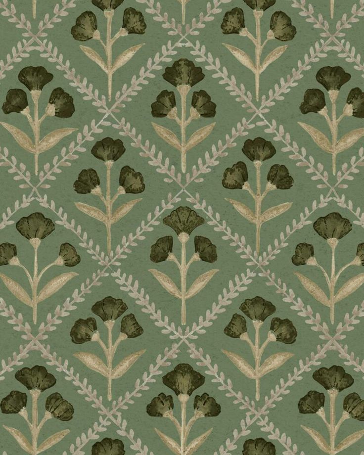 a green and gold wallpaper with flowers on it