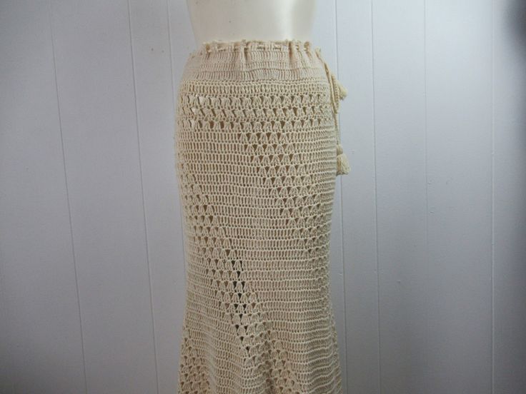 "Vintage 1970s hippy crochet skirt. Made of antique white cotton. Bohemian hippy style. Floor length with a drawstring waist. Crocheted on the bias so it is form fitting. Slight fish tail at bottom. No label. About a size medium. Actual measurements are: 32\"(adjusts bigger with drawstring) around the waist 38\" (stretches to 42\") around the hips 40\" overall length In very good condition." Hippy Crochet, Hippy Skirt, 1970s Skirt, 1950s Skirt, Crochet Maxi Skirt, Skirt Crochet, Hippy Style, Crochet Skirt Pattern, Hippie Crochet