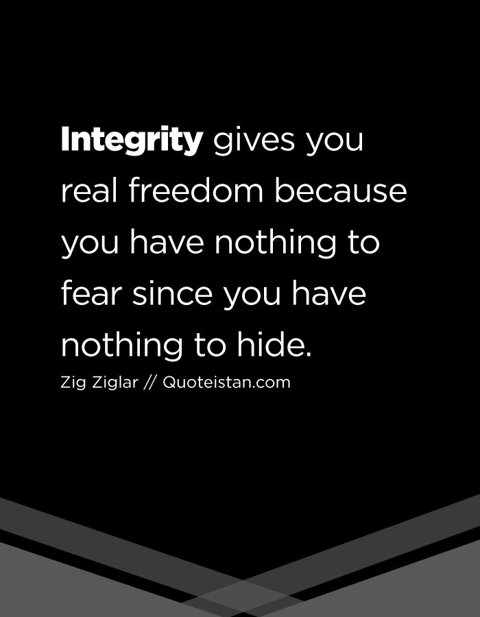 a black and white photo with the words integrity gives you real freedom because you have nothing to fear since you have nothing to hide