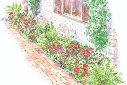 a watercolor drawing of a garden with flowers and plants in front of a brick building