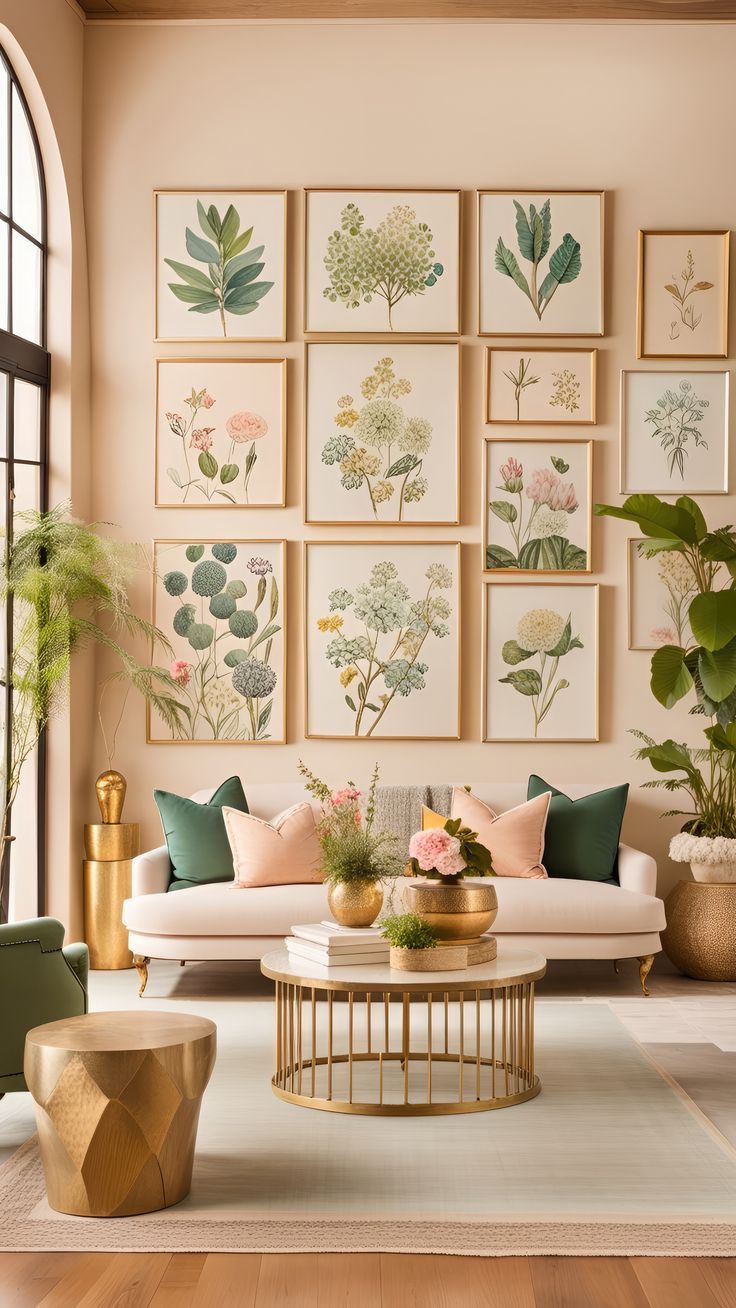 a living room filled with furniture and pictures on the wall above it's coffee table