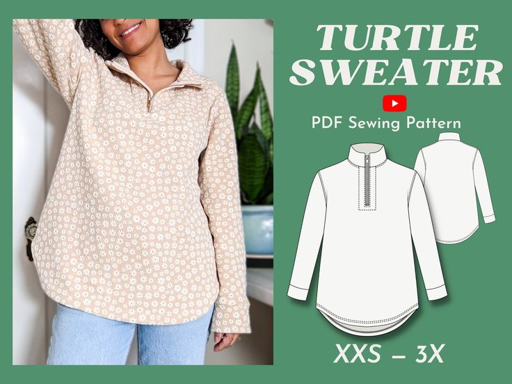 a woman wearing a turtle sweater sewing pattern