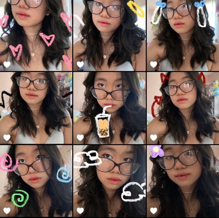 many different pictures of a woman with glasses and hearts on her face, including the word love