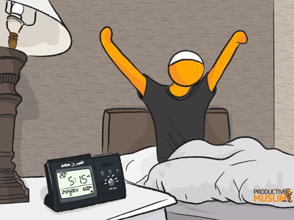 a person waking in bed with an alarm clock on the nightstand next to it and a lamp