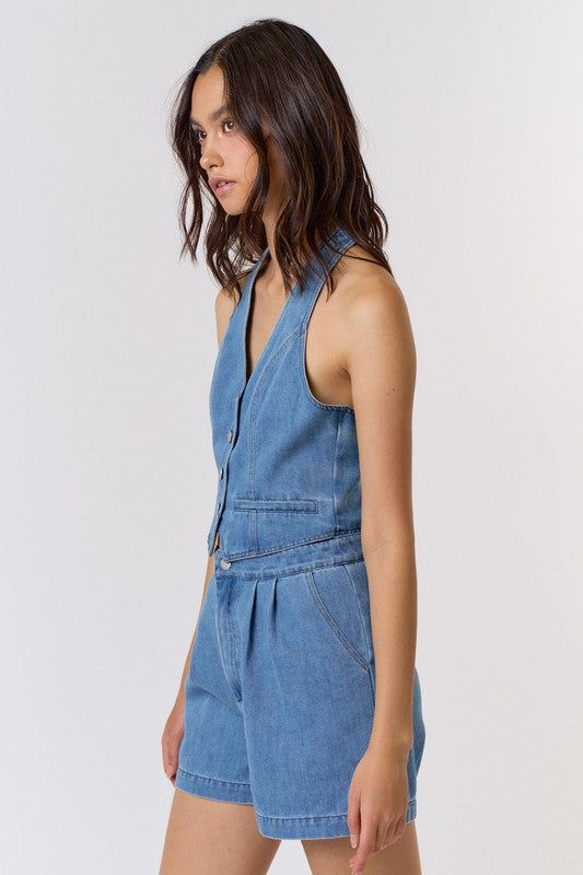 Halter Vest Denim Romper NOTE: If your size is not available, please register your email in EMAIL ME WHEN AVAILABLE link. Beaded Pouch Bag, Vest Denim, Beaded Pouch, Halter Vest, Sweet Grace, Denim Romper, Capri Blue, Purse Strap, Me When