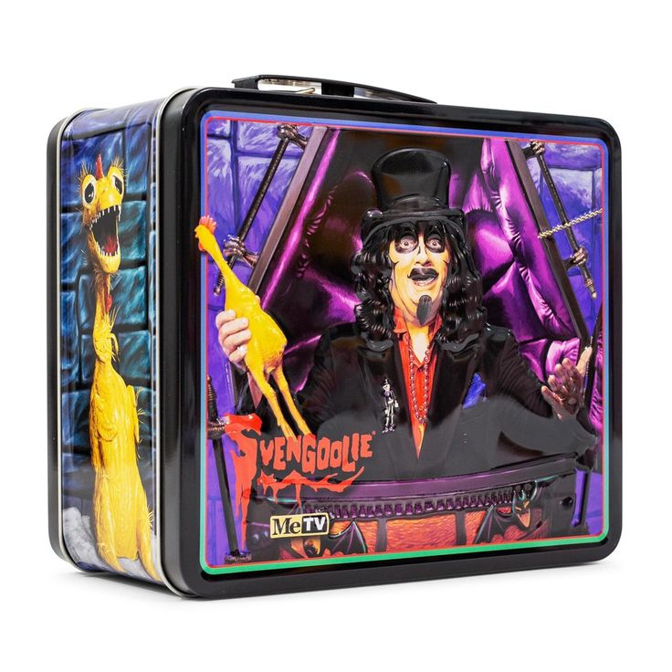 a metal lunch box with an image of a man in top hat holding a yellow bird