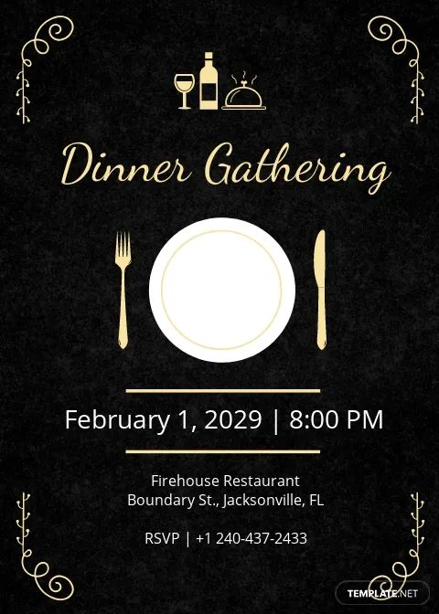 a black and white dinner party flyer with gold trimmings on the edges, along with a place setting