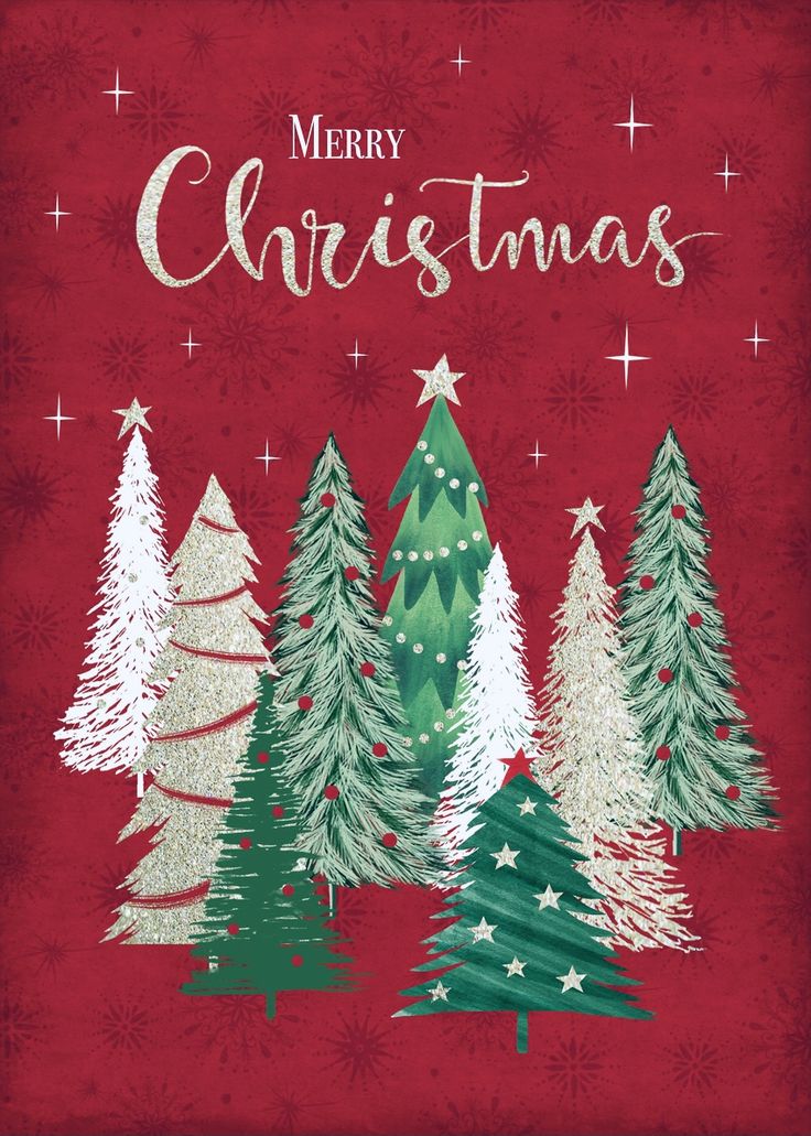 merry christmas trees on red background with snowflakes and stars in the bottom right corner