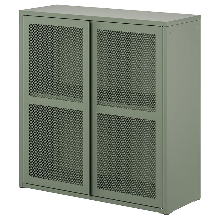 a large metal cabinet with two doors and mesh panels on the front, one door open