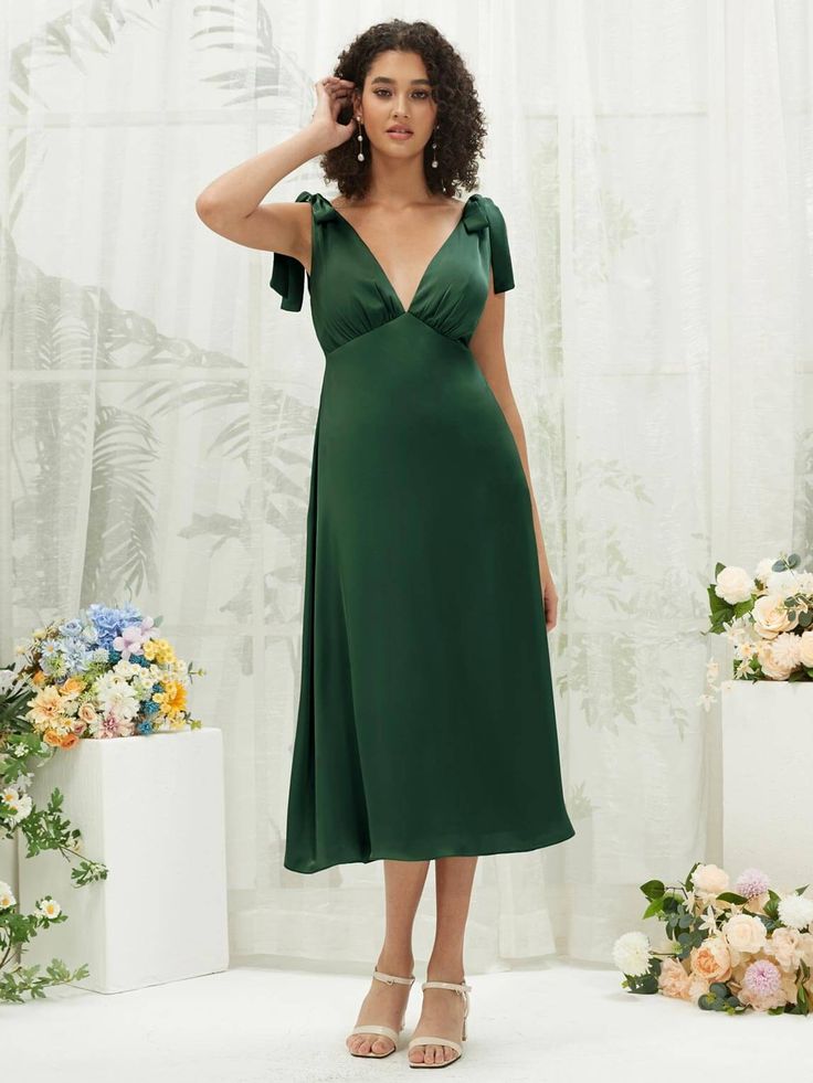 NZ Bridal Emerald Green Detachable Satin Backless bridesmaid dresses BH30512 Gloria a Bridesmaid Dress Tea Length, Olive Bridesmaid Dresses, Emerald Green Bridesmaid Dresses, Green Bridesmaid Dress, Dress Tea Length, Tea Length Bridesmaid Dresses, Bow Straps, Clothing Tape, Emerald Bridesmaid Dresses