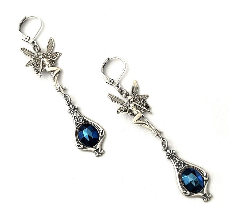 "These lovely Antique Silver Fairy Dangle Earrings are part of my \"After Midnight\" collection featuring all high quality materials including US made brass hardware, hypo-allergenic lever ear wires, and a beautiful Czech glass \"Blue Iris\" cabochon! Alternately, you can choose the black Onyx cabochon instead of blue (See 5th pic). Perfect earrings for lovers of Art Nouveau or Victorian Gothic styles. Note: Length of the long version of these earrings is 2.75 inches long from top oof ear wire t Nickel-free Fairycore Dangle Earrings, Nickel-free Fairycore Earrings For Jewelry Making, Fairycore Nickel-free Dangle Earrings, Nickel Free Fairycore Dangle Earrings, Fairycore Dangle Earrings With Ear Wire, Fairycore Drop Earrings With Ear Wire, Fairycore Drop Earrings For Jewelry Making, Fairycore Nickel-free Earrings As Gift, Fairycore Nickel Free Earrings As Gift