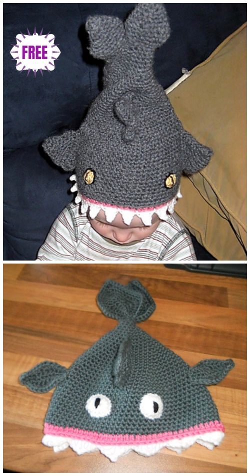 two pictures of a baby wearing a knitted shark hat