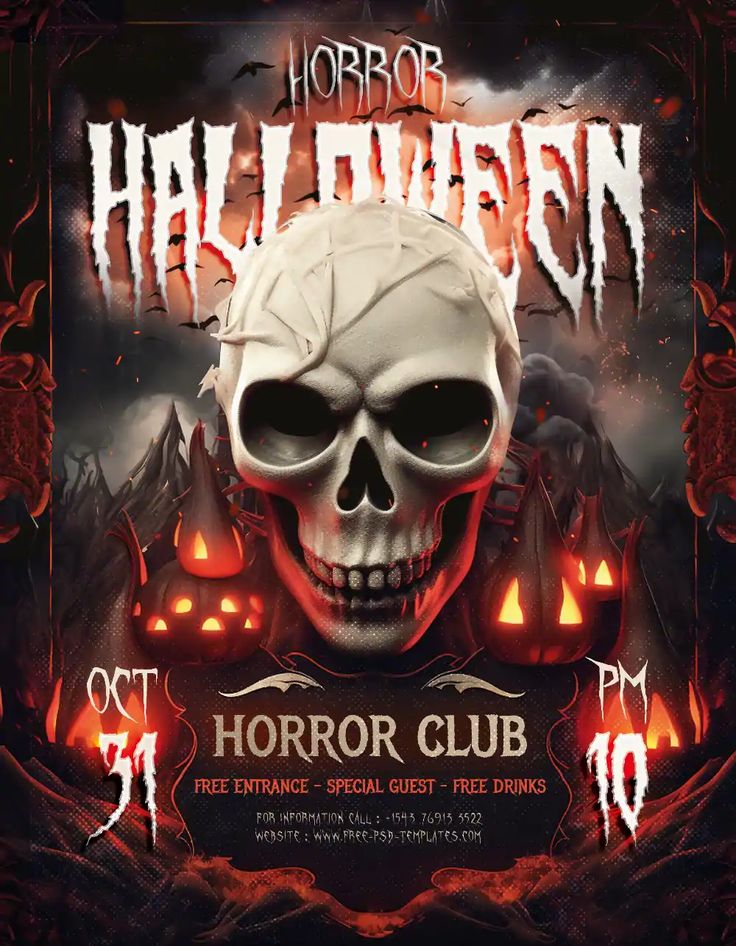 halloween party flyer with skull and pumpkins