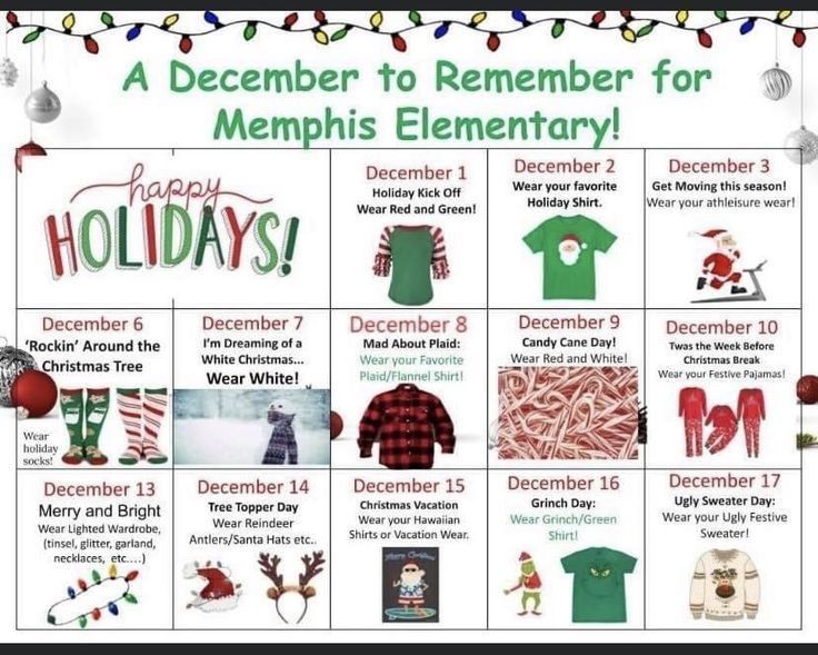 a calendar with christmas items on it and the words, december to november for memphis elementary