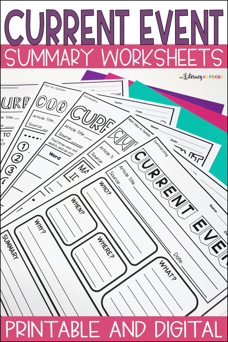 the printable worksheet for current events is shown in pink and blue