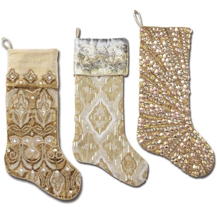 three pairs of christmas stockings with sequins and beads on the bottom, one in gold