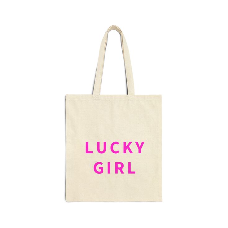 Lucky Girl Pink Cotton Canvas Tote Bag. This 100% cotton bag comes in one size - 15" x 16"- perfect for everyday wear. .: 100% cotton canvas .: Heavy fabric Cute Cotton Bag For Daily Use, Cute Cotton Shoulder Bag For Shopping, Trendy Canvas Beach Bag, Cute Cotton Shopping Bags, Trendy Canvas Bag, Cute Rectangular Cotton Shoulder Bag, Cute Rectangular Cotton Bag, Cute Rectangular Cotton Bags, Cute Cotton Gift Bags