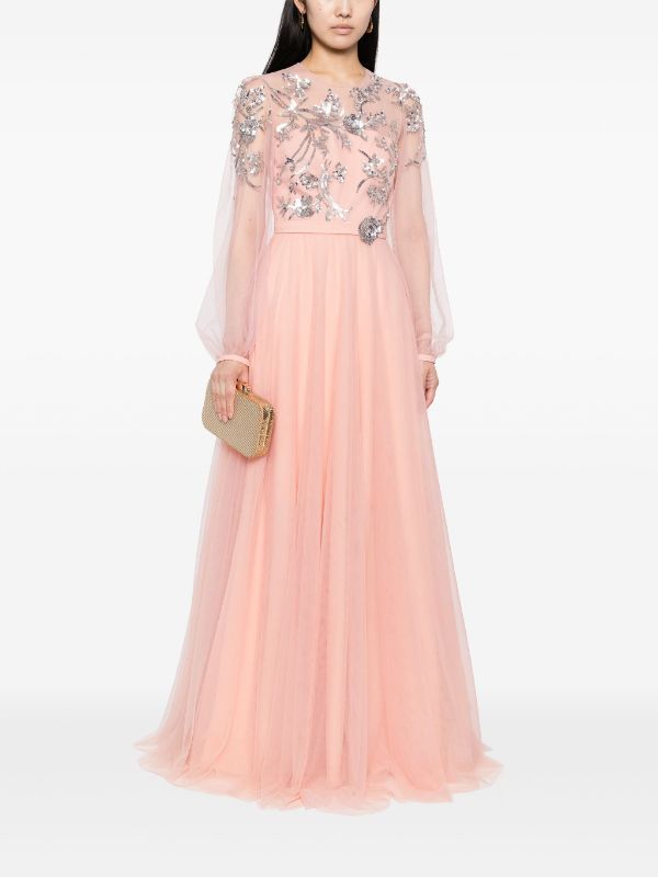 Sachin & Babi Freyja sequin-embellished Gown - Farfetch Gown Pink, Sachin Babi, Embellished Gown, Wedding Guest Looks, City Dress, Pink Tulle, Summer Beach Wear, Floral Applique, Sheer Sleeves