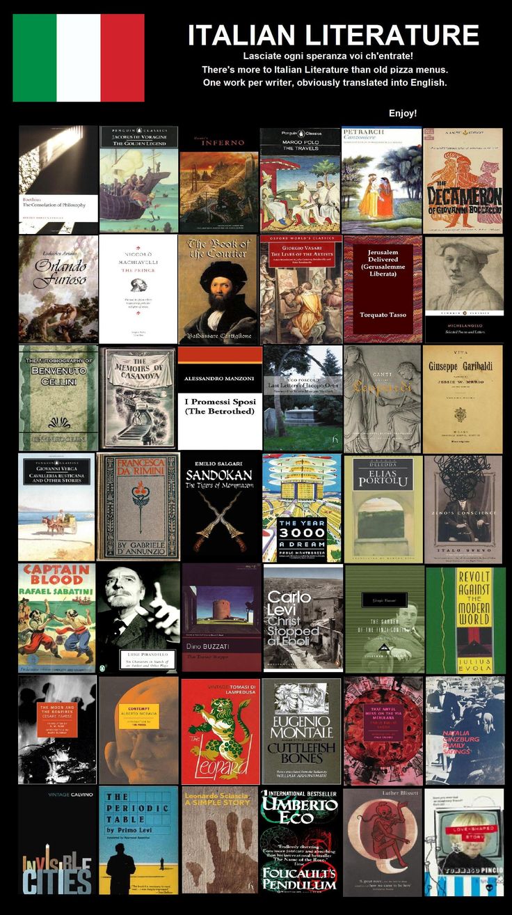 a collage of italian literature covers in different colors and sizes, including the flag