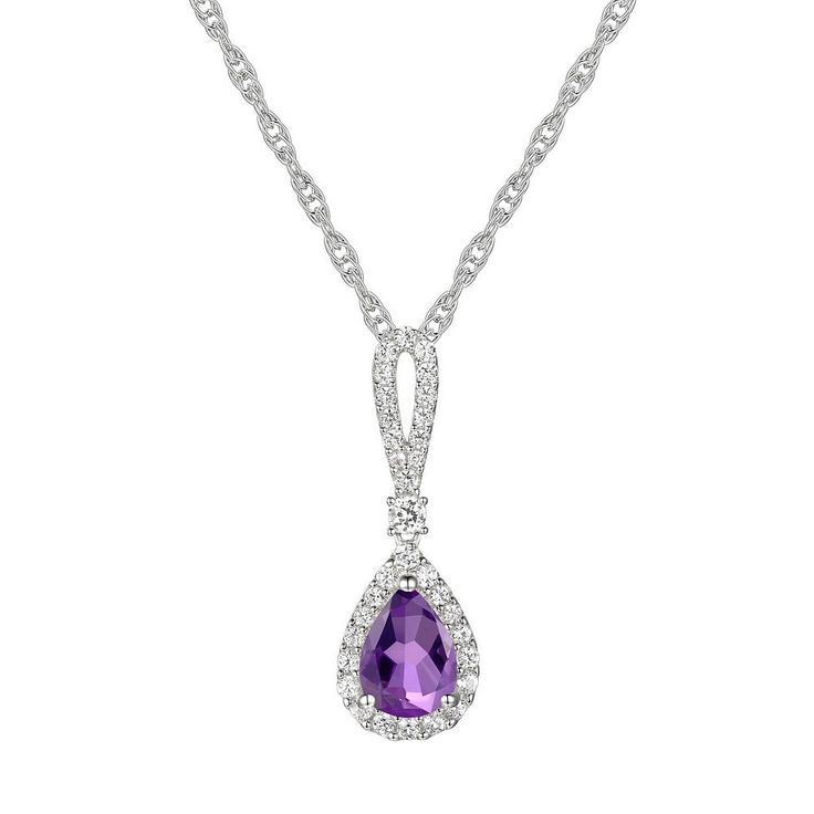 Add timeless elegance to your jewelry collection with this Sterling Silver Amethyst Pendant. Add timeless elegance to your jewelry collection with this Sterling Silver Amethyst Pendant. FEATURES Pendant dimensions: 0.46''X0.27'' Chain length: 18 in. Chain type: rope Clasp: spring-ring Nickel free Metal: sterling silver Plating: rhodium Finish: polished Packaging: boxedSTONE DETAILS Stone type: amethyst, lab-created white sapphire Total weight: 1/2 ct. Center stone weight: 1/3 ct. Center stone si Classic Amethyst Necklaces For Wedding, Elegant Purple Necklaces With Diamond Accents, Lavender Birthstone Jewelry For Formal Occasions, Formal Purple Birthstone Jewelry, Formal Lavender Birthstone Jewelry, Classic Purple Necklace For Anniversary, Classic Lavender Jewelry For Formal Occasions, Elegant Purple Necklace With Diamond Accents, Teardrop Amethyst Necklace For Formal Occasions