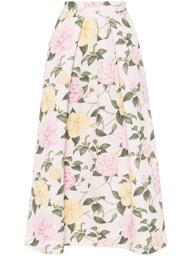 pink multicolour mikado all-over floral print concealed rear zip fastening two side inset pockets mid-length straight hem Pink Floral Print Flowy Skirt, Elegant Pink Floral Print Skirt, Pink Midi-length Lined Skirt, Vintage Pink Floral Print Skirt, Pink Floral Skirt, Luxury Pink Floral Print Skirt, Floral Print Midi Skirt, Wedding Guest Looks, Printed Midi Skirt