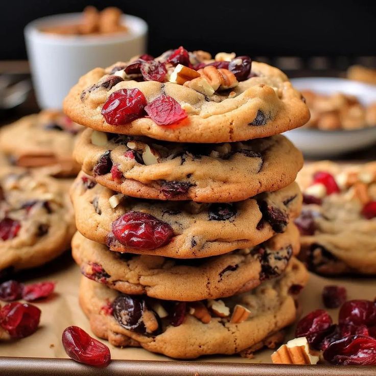 several cookies stacked on top of each other with cranberries and pecans in the background