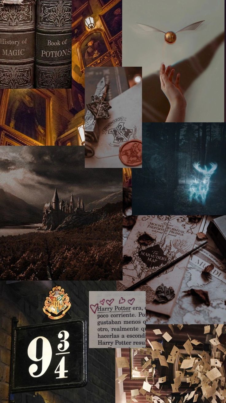 a collage of harry potter images with the number 9 on them and some books