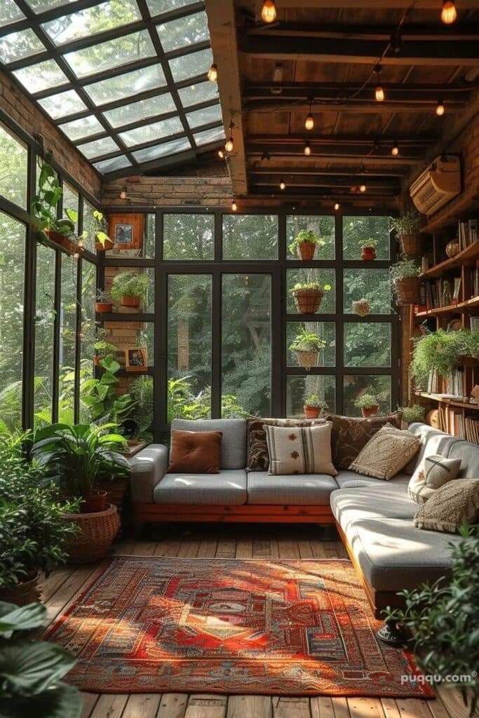 a living room filled with furniture and lots of plants