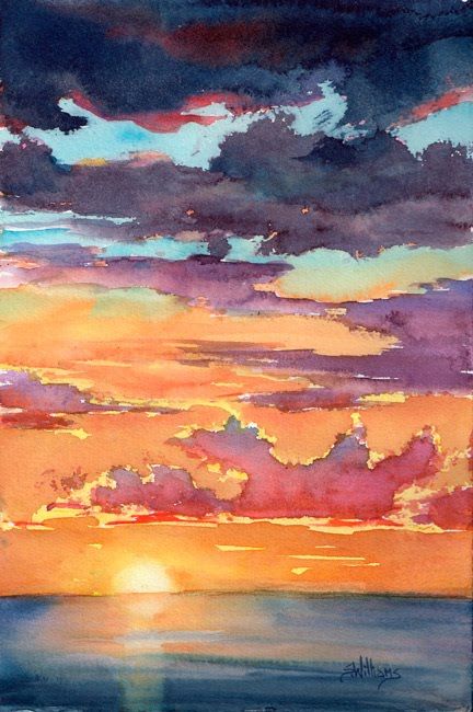 watercolor painting of sunset over the ocean with clouds and sun setting in the distance