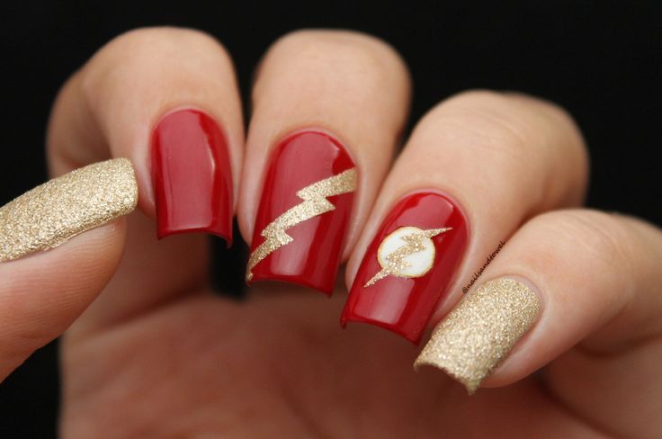 Nail art inspired by The Flash Lightning Bolt Nails, Superhero Nails, Lightning Nails, Marvel Nails, Opi Nail Polish Colors, Harry Styles Nails, Unghie Nail Art, Nail Vinyls, Red Acrylic Nails