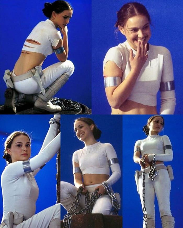 four pictures of a woman in white outfit with chains around her neck and hands to her mouth