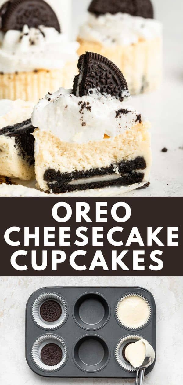 oreo cheesecake cupcakes in muffin tins with the title overlay