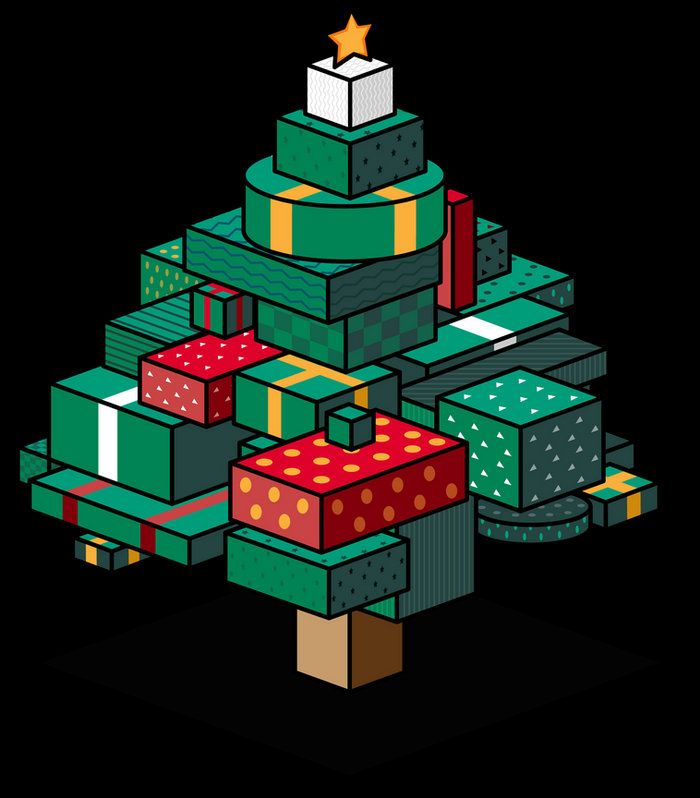 a christmas tree made out of boxes and presents on it's sides, with stars above the top