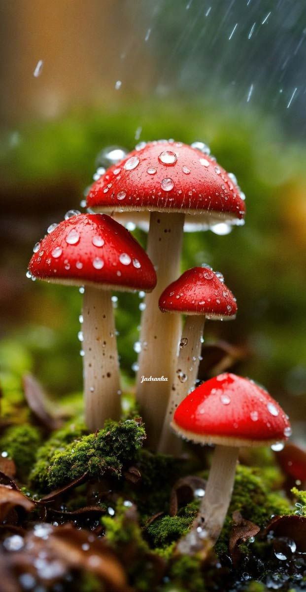 three red mushrooms sitting on top of moss in the rain, with drops of water